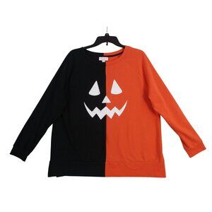 Halloween Womens Split‎ Black & Orange Pumpkin Face Sweatshirt By Isabel Large